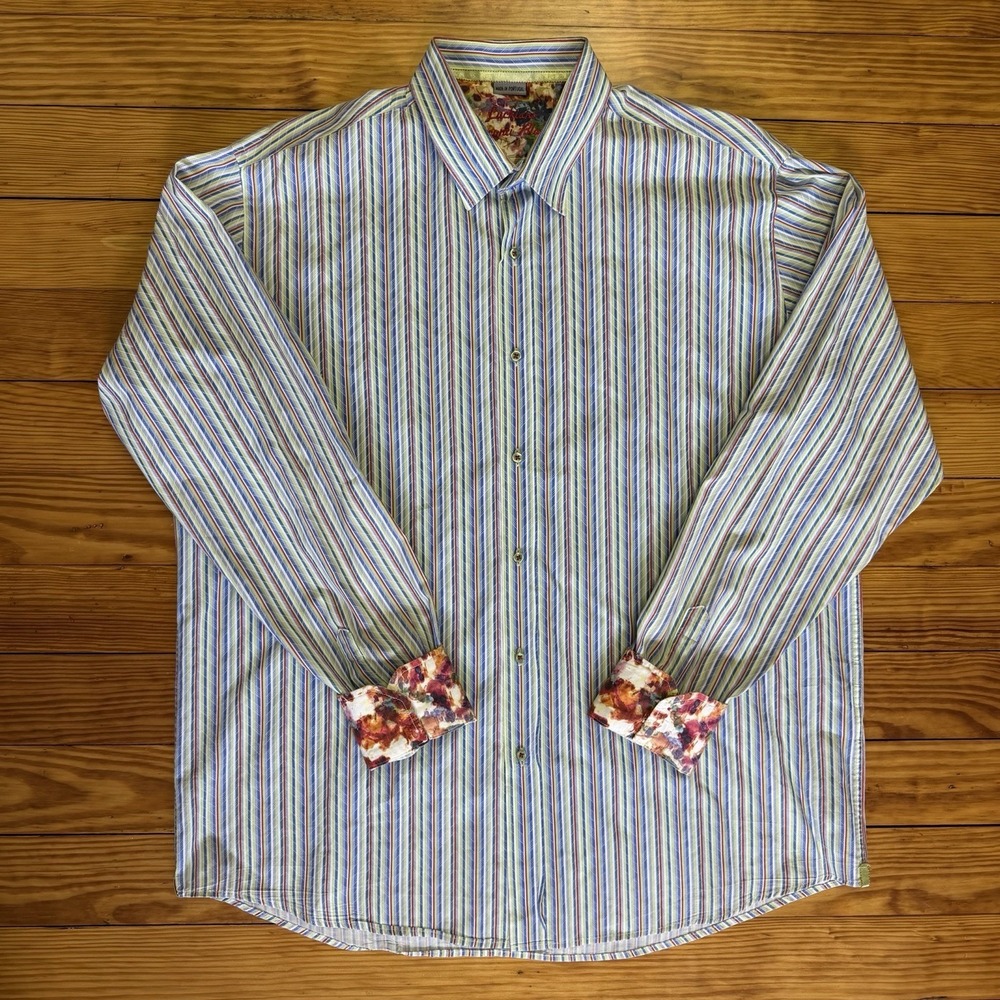 Luchiano Visconti Black Shirt Mens XL Colorful Stripe Button Down Flip Cuff